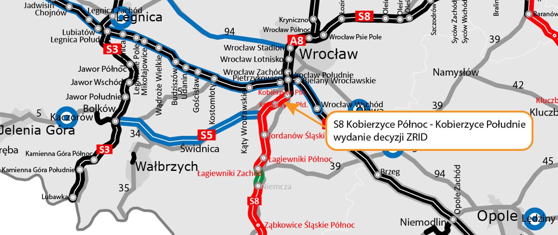 Mapka prezentująca lokalizację inwestycji S8 Kobierzyce Północ - Kobierzyce Południe 