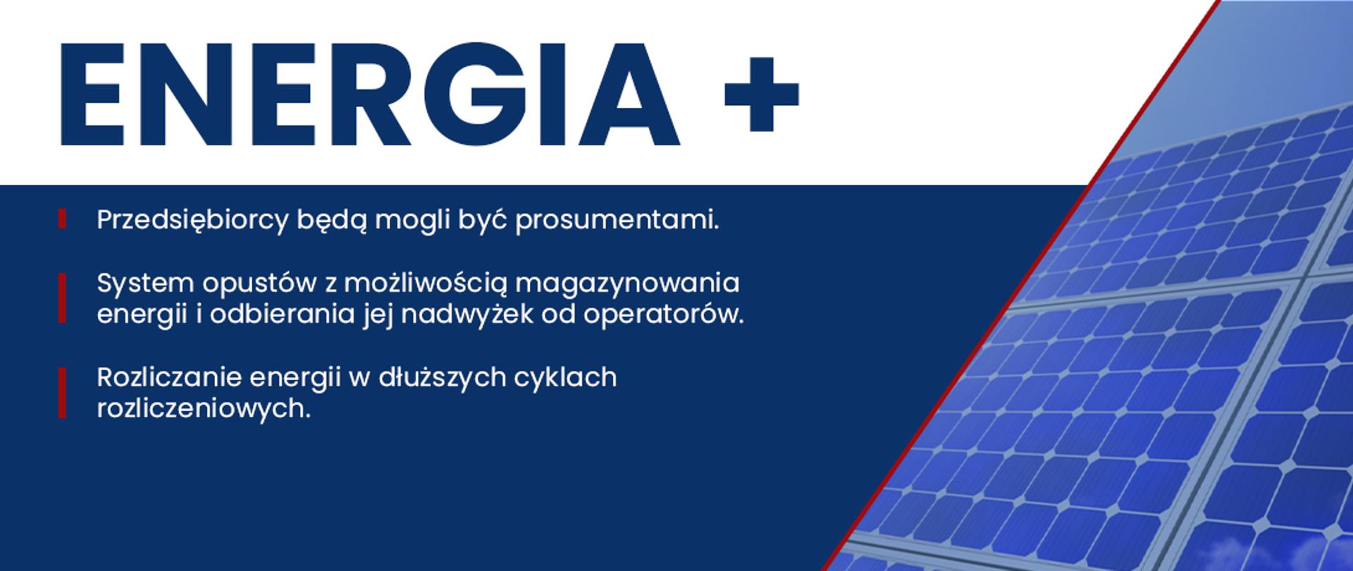 Grafika z napisem "Energia+" i zdjęciem panelu słonecznego.