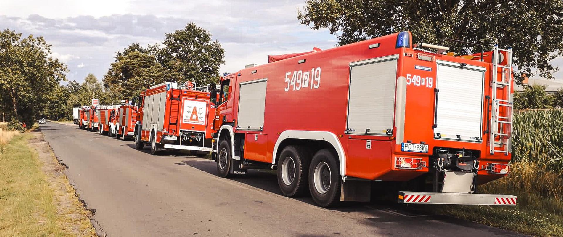 Wozy strażackie stoją na drodze dojazdowej przy posesji, na której doszło do pożaru.