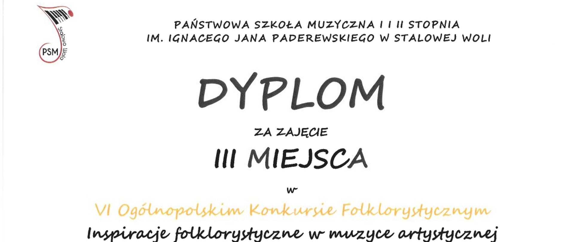 Dyplom trzeciego miejsca dla Instrumentalnego Zespołu Dętego w szóstym Ogólnopolskim Konkursie Folklorystycznym w Stalowej Woli dnia dwudziestego dziewiątego kwietnia dwa tysiące dwudziestego szóstego roku