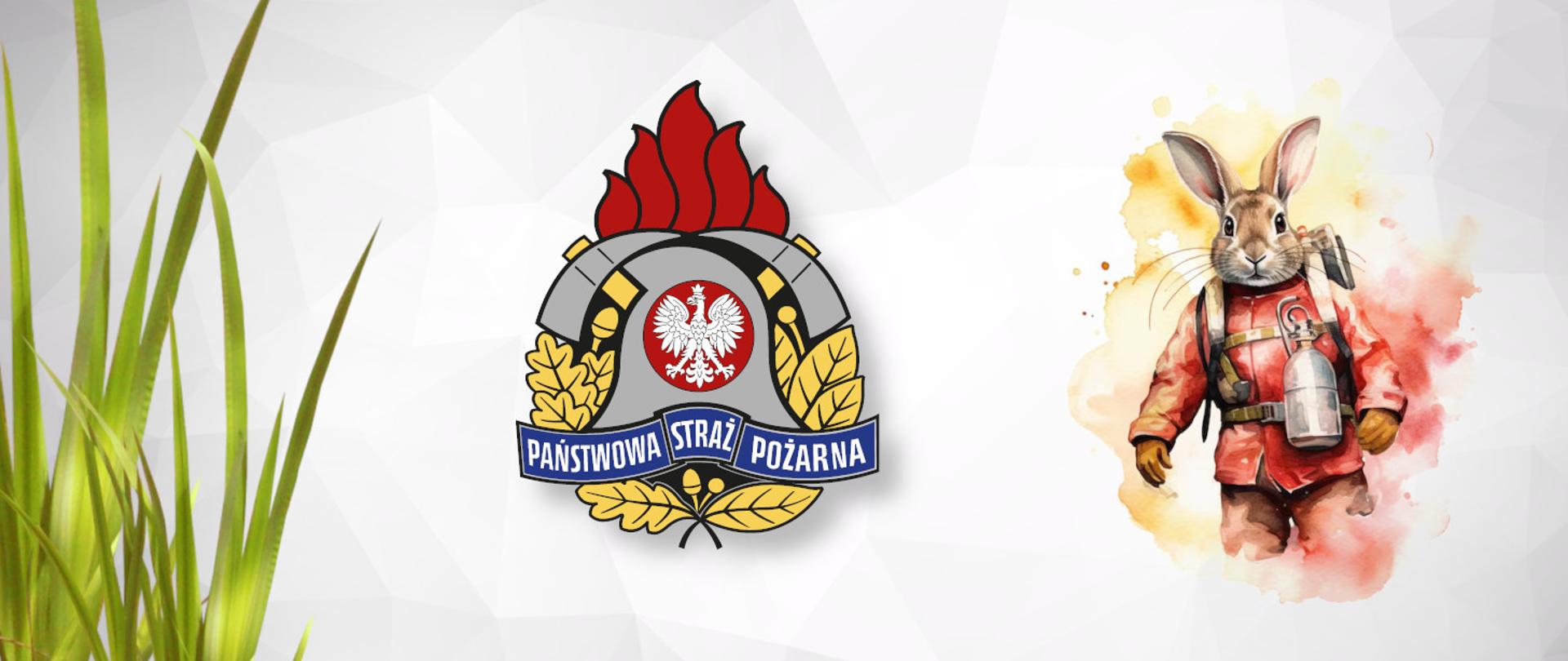 Na szarym tle po lewej stronie zielona trwa, centralnie umieszczono logo PSP w wersji kolorowej, a po prawej stronie grafika zajączka w stroju strażaka.