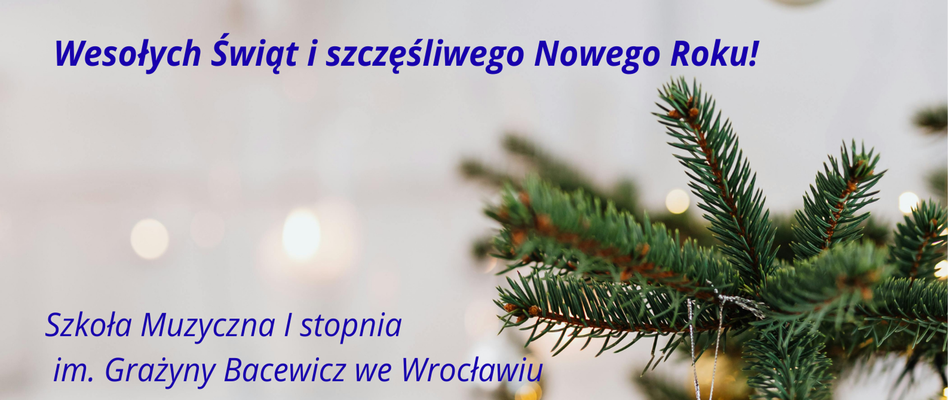 Na tle zielonych gałązek z białym bombkami tekst życzeń świątecznych w kolorze niebieskim.