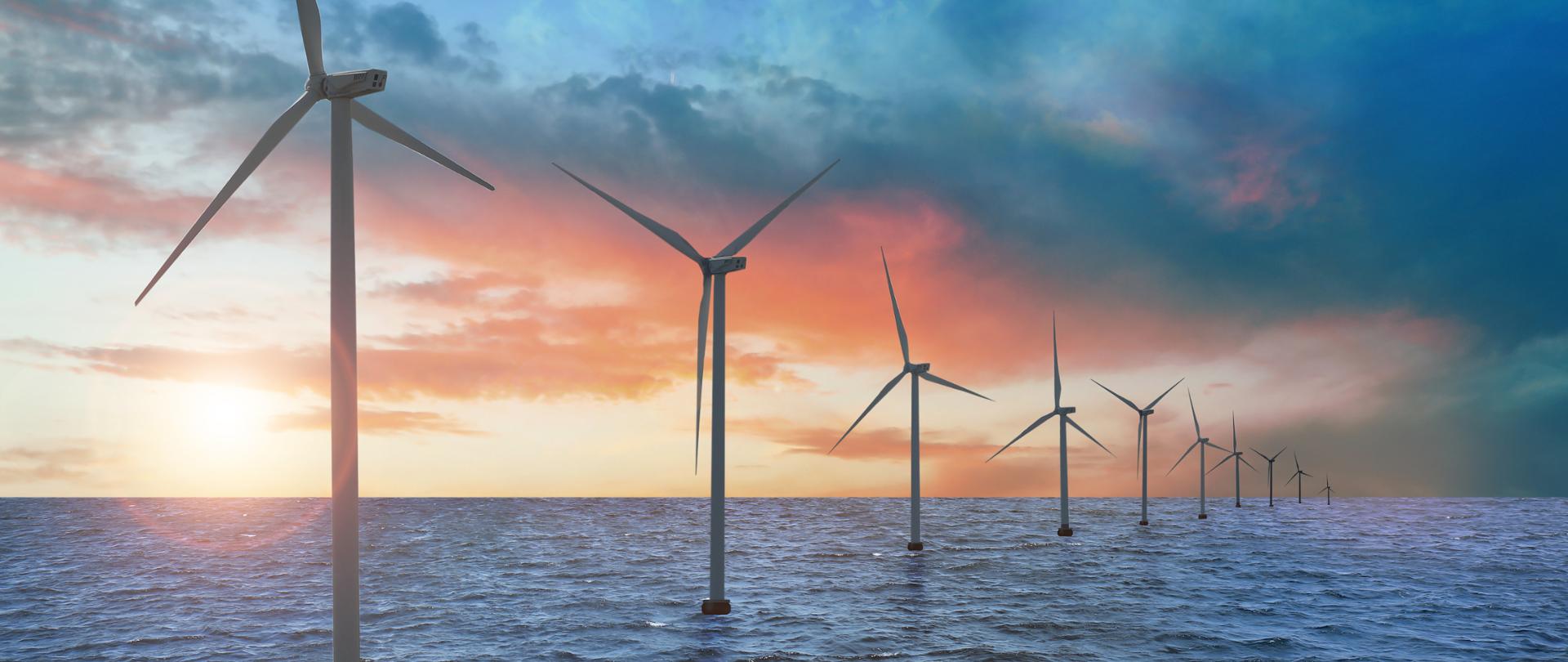 Floating wind turbines installed in sea. Alternative energy source 