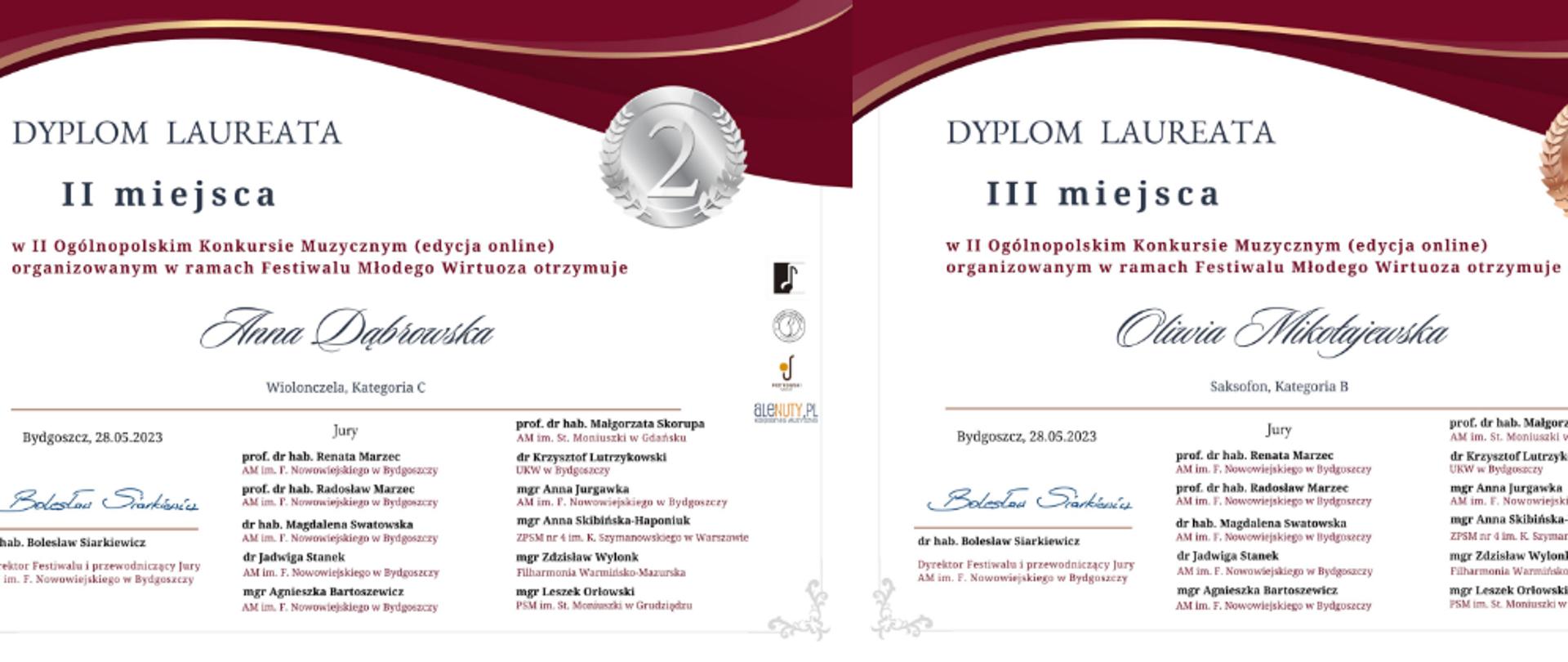 Grafika przedstawiająca dyplom laureata za zajęcie II i III miejsca w konkursie dla Anny Dąbrowskiej i Oliwii Mikołajewskiej. W tle znajdują się napisy: "Dyplom Laureata II miejsca i III miejsca w II Ogólnopolskim Konkursie Muzycznym (edycja online) organizowanym w ramach Festiwalu Młodego Wirtuoza otrzymuje Anna Dąbrowska i Oliwia Mikołajewska. Wiolonczela, Kategoria C; Saksofon, Kategoria B. Bydgoszcz, 28.05.2023 r. Podpisany - dr hab. Bolesław Siarkiewicz - Dyrektor Festiwalu i Przewodniczący Jury, Akademia Muzyczna im. F. Nowowiejskiego w Bydgoszczy. Wymienieni 12 członkowie Jury".