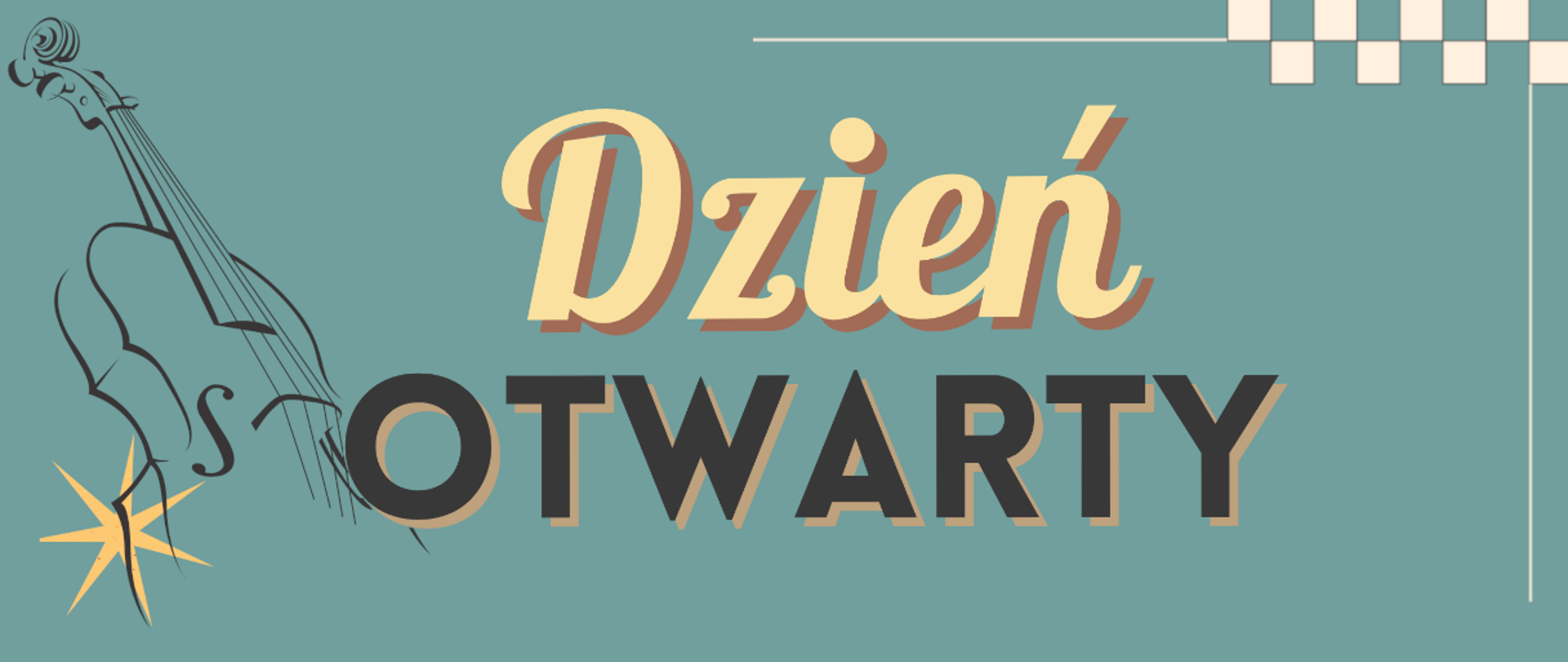 Na jasnym tle z lewej strony rysunek skrzypiec oraz napis dzień otwarty szkoły