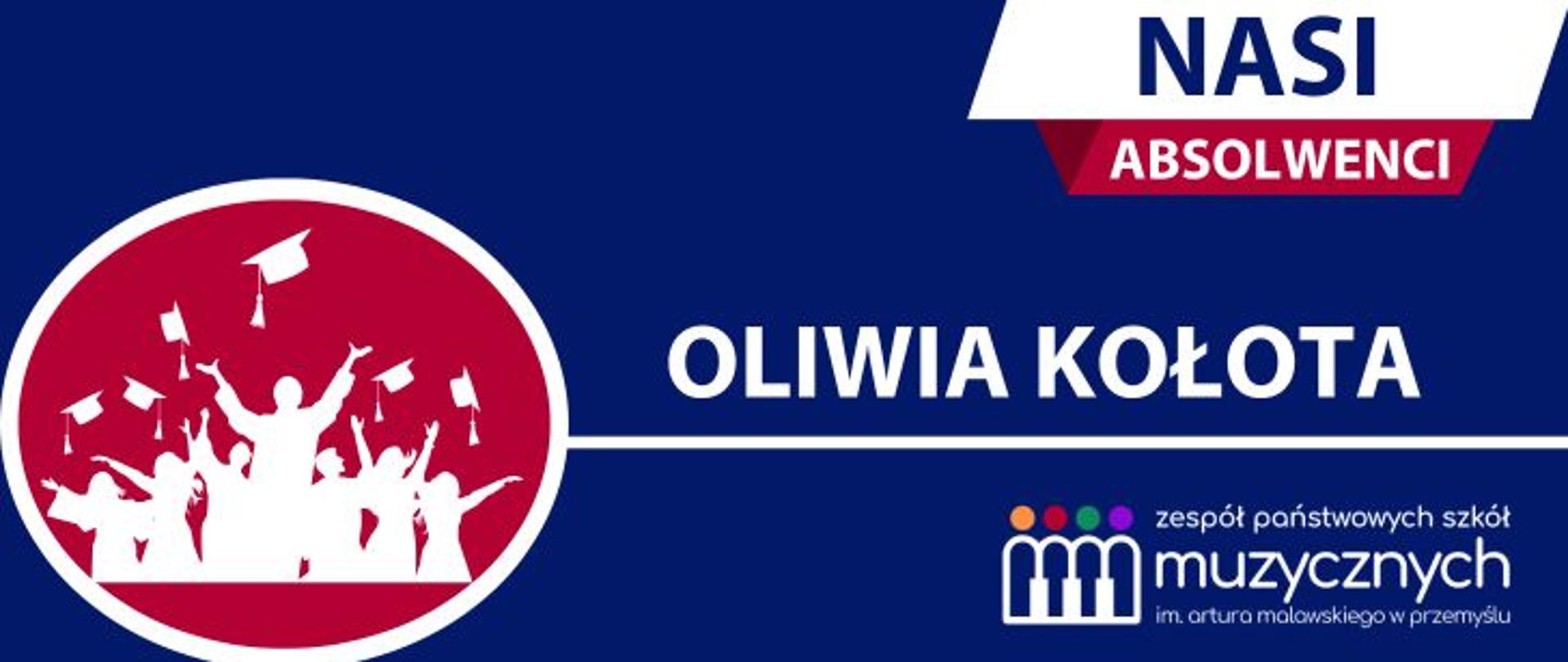 Grafika informacyjna do serii Nasi Absolwenci - post o Oliwii Kołocie. Grafika niebieska, symbol absolwentów, nazwa serii i logo szkoły 