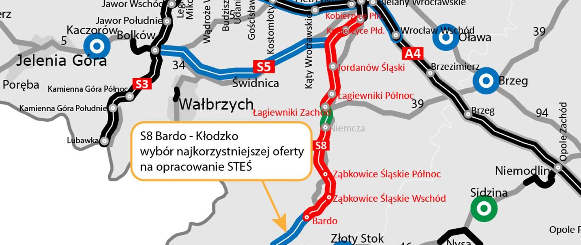 Mapa prezentująca lokalizację inwestycji S8 Bardo - Kłodzko