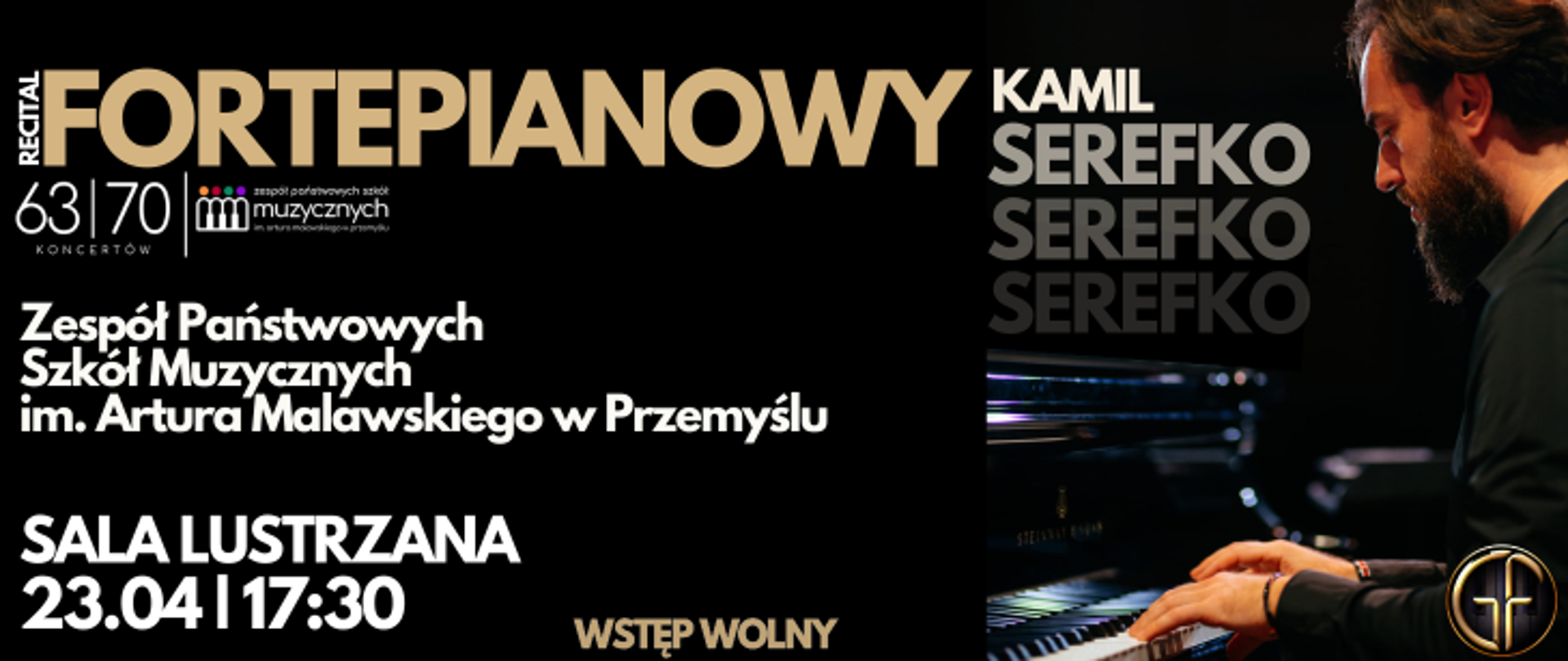 Grafika informacyjna o 63 z 70 koncertów jubileuszowych. Recital Fortepianowy Kamila Serefko.
23 kwietnia, 17:30, Sala Lustrzana