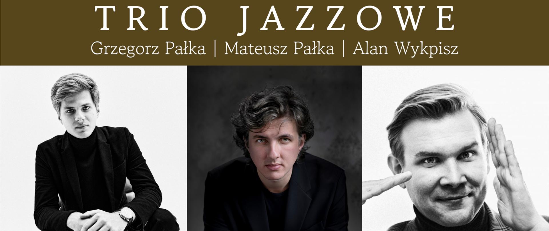 Plakat pionowy zapowiadający Koncert Inauguracyjny XIV Festiwalu Muzyki Improwizowanej Krzeszowice 2026. Kompozycja utrzymana jest w eleganckiej, stonowanej kolorystyce kremowej, beżowej, złotej i ciemnobrązowej, z czarno-białymi fotografiami trzech muzyków.
W górnej części plakatu znajduje się jasne, kremowo-beżowe tło z abstrakcyjnymi, płynnymi, falującymi liniami przypominającymi jedwabne wstęgi lub smugi światła. Widoczne są subtelne złote refleksy i rozmyte, jasne punkty świetlne.
W górnej części umieszczone są dwa logotypy. Po lewej stronie znajduje się logo Fundacji Skala Pasji w kolorze złoto-pomarańczowym, z charakterystycznym stylizowanym symbolem muzycznym i napisem:
„SKALA PASJI
FUNDACJA”
Po prawej stronie znajduje się logo Państwowej Szkoły Muzycznej I stopnia im. Zygmunta Noskowskiego w Krzeszowicach – niebieski kwadrat z wielobarwnym znakiem graficznym szkoły.
Poniżej znajduje się tekst:
„Fundacja Skala Pasji oraz Państwowa Szkoła Muzyczna I stopnia w Krzeszowicach
zaprasza na”
Następnie dużymi, eleganckimi literami w kolorze ciemnobrązowym zapisano:
„XIV FESTIWAL
MUZYKI IMPROWIZOWANEJ
KRZESZOWICE 2026”
Po lewej stronie tytułu znajduje się pionowy ciemnobrązowy prostokątny element dekoracyjny.
Pod nazwą festiwalu, na jasnym tle, dużą ozdobną czcionką odręczną w kolorze ciemnobrązowym widnieje napis:
„Koncert Inauguracyjny”
Poniżej znajduje się szeroki, poziomy pas w kolorze ciemnobrązowym. Na nim dużymi, jasnymi, kremowymi literami zapisano:
„TRIO JAZZOWE”
Pod nazwą zespołu, również jasnym kolorem, znajduje się zapis nazwisk muzyków:
„Grzegorz Pałka | Mateusz Pałka | Alan Wykpisz”
Centralną część plakatu zajmują trzy czarno-białe portrety muzyków, ułożone obok siebie w formie jednego poziomego pasa.
Po lewej stronie znajduje się fotografia młodego mężczyzny ubranego na czarno. Siedzi on na krześle lub fotelu, z rękami opartymi na kolanach. Ma krótkie, zaczesane włosy i patrzy w stronę aparatu. Zdjęcie ma jasne, niemal białe tło.
W środkowej części znajduje się portret młodego mężczyzny o ciemnych, falowanych włosach. Ubrany jest w ciemną marynarkę lub garnitur i siedzi z rękami opartymi przed sobą. Patrzy bezpośrednio w obiektyw. Tło fotografii jest ciemne, niemal czarne, co nadaje zdjęciu bardziej kontrastowy charakter.
Po prawej stronie znajduje się czarno-biały portret mężczyzny o krótkich, jasnych włosach. Ubrany jest w marynarkę w kratę i ciemny golf. Unosi dłonie w pobliżu twarzy, tworząc charakterystyczny gest. Patrzy w stronę aparatu.
Pod fotografiami ponownie pojawia się jasne, kremowo-beżowe tło z delikatnymi świetlistymi refleksami.
W tej części plakatu umieszczono informację dotyczącą daty i godziny koncertu:
„2 PAŹDZIERNIKA 2026 | GODZINA 18:00”
Poniżej znajduje się informacja o miejscu:
„AULA PSM I st. - ul. Ogrodowa 7, Krzeszowice”
W prawym dolnym obszarze tej części plakatu, ozdobną czcionką odręczną w kolorze ciemnobrązowym, znajduje się informacja:
„Wstęp wolny”
Dolną część plakatu zajmuje biały pas zawierający oznaczenia instytucji wspierających wydarzenie, sponsora, partnerów oraz patronów medialnych. Po lewej stronie znajduje się logo „Kulturalna Małopolska” oraz informacja „Projekt zrealizowany przy wsparciu finansowym Województwa Małopolskiego”. Dalej umieszczono logo „Powiat Krakowski” wraz z informacją „Projekt zrealizowany przy wsparciu finansowym Powiatu Krakowskiego”. Następnie znajduje się herb i oznaczenie Gminy Krzeszowice oraz tekst „Projekt zrealizowany przy wsparciu finansowym Gminy Krzeszowice”.
W prawej części znajduje się napis „Sponsorzy i partnerzy:”, pod którym umieszczono logo „Kopalnie Porfiru i Diabazu Sp. z o.o.”. Niżej widnieje napis „Patronat medialny:”, a obok trzy logotypy: „Seniora”, „przełom” oraz „Krzeszowicki Magazyn”.