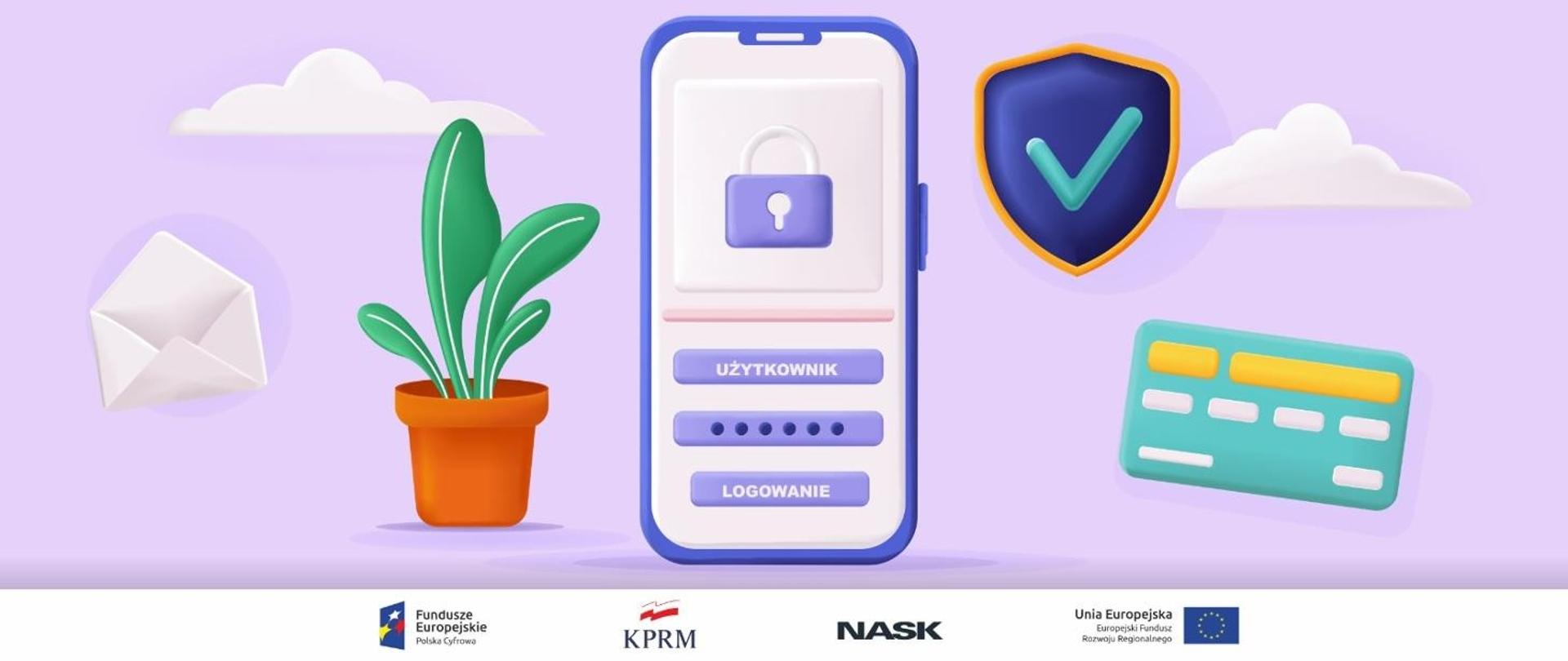 kolorowa grafika telefonu i kwiatka w doniczce 