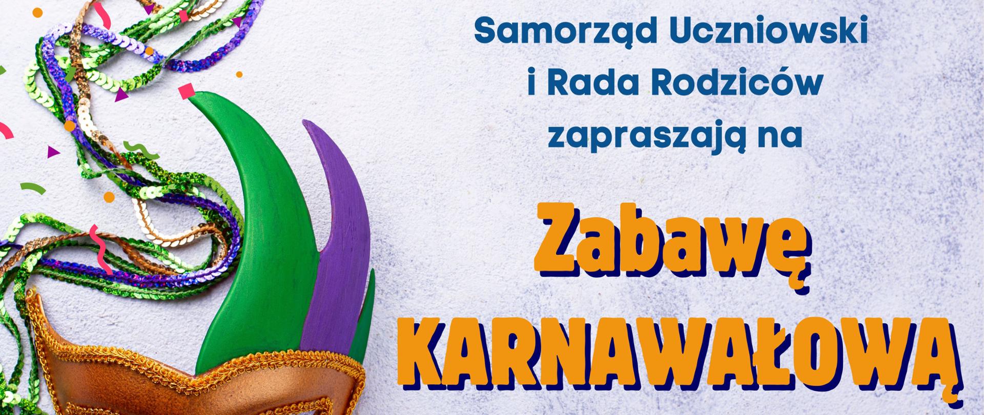 Fioletowe tło, z lewej strony maska karnawałowa. Z prawej strony ciemno fioletowe oraz żółte litery.