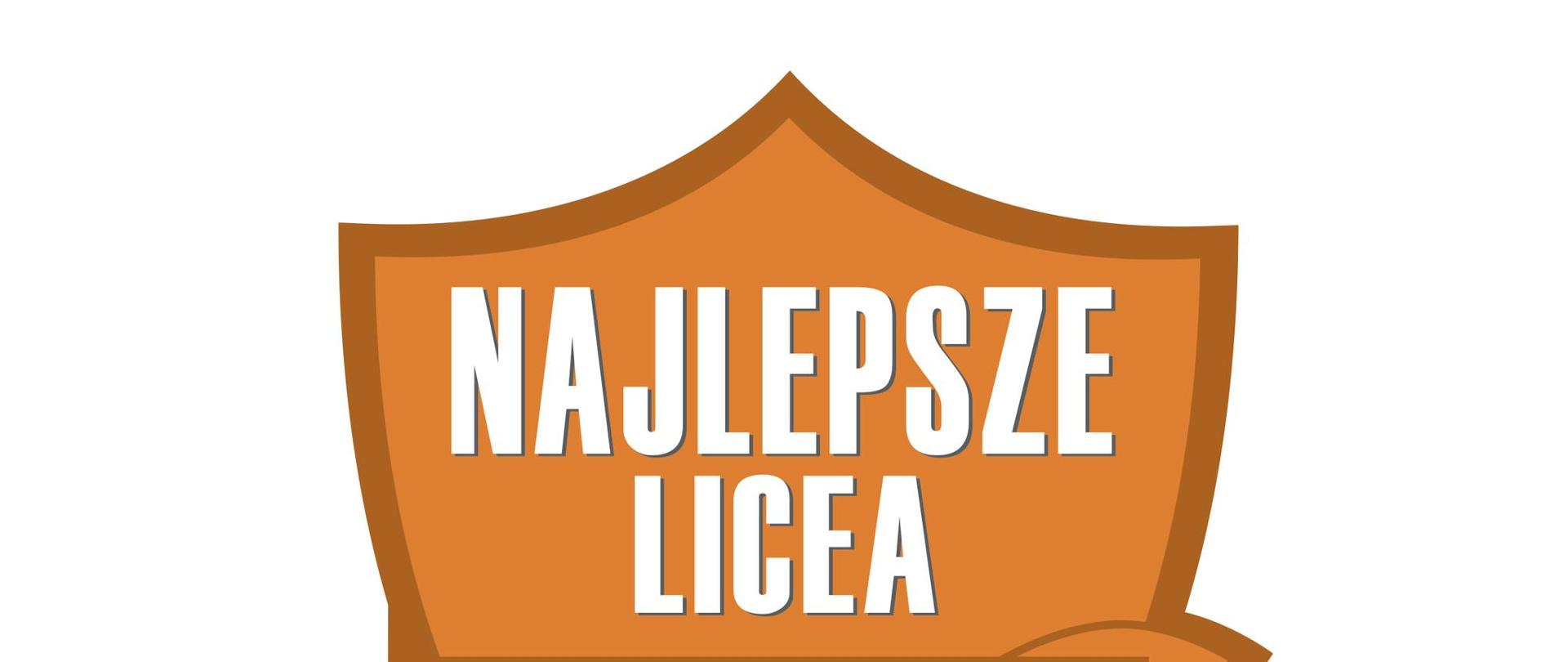 Na obrazku znajduje się tarcza w kolorze brązowo-pomarańczowym z białym i czerwonym tekstem. Na górze, dużymi białymi literami, widnieje napis: „NAJLEPSZE LICEA”. Poniżej, na czerwonym pasku umieszczony jest biały napis: „Perspektywy”. Na dole tarczy, również białymi literami, znajduje się tekst: „BRĄZOWA SZKOŁA 2025”. Całość stanowi graficzne oznaczenie przyznania brązowego wyróżnienia w rankingu „Perspektywy 2025” dla jednego z najlepszych liceów w Polsce.