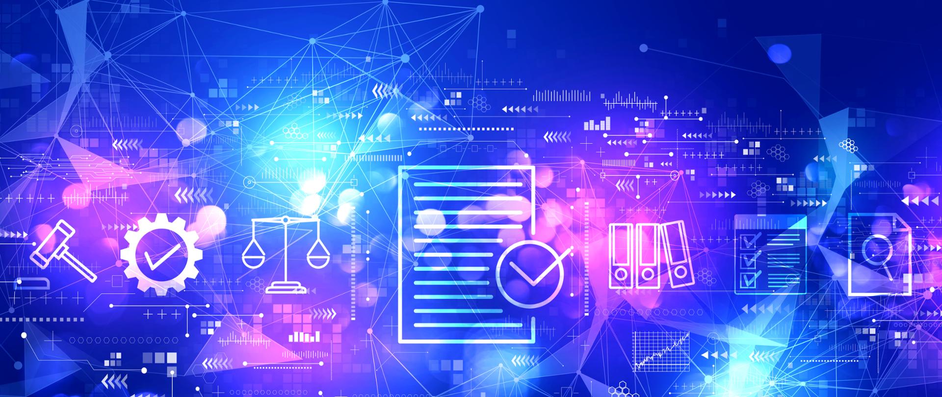 Na abstrakcyjnym kolorowym tle ikony kojarzące się z technologią