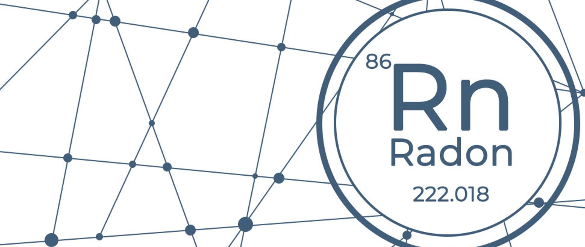Na grafice znajduje się symbol Rn radon wraz z oznaczeniami 86 oraz 222.018. Tło jest w kolorze białym.
