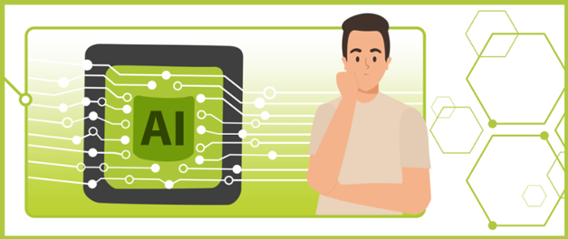 Grafika przedstawiająca człowieka obok komputerowego czipu z napisem AI (sztuczna inteligencja).