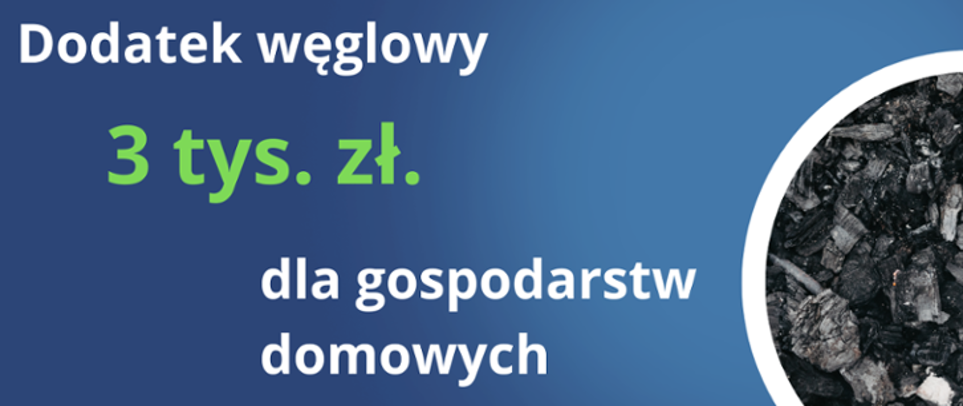 Miska z węglem na niebieskim tle, napis "Dodatek węglowy 3 tys. zł dla gospodarstw węglowych