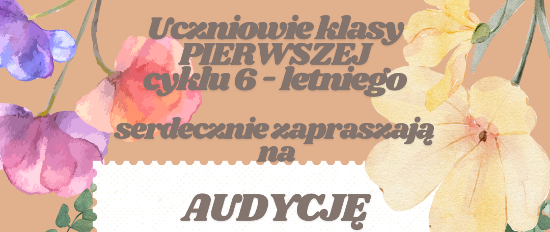 pomarańczowe tło, po prawej i lewej stronie kolorowe kwiatki, pośrodku brązowe napisy informujące o wydarzeniu