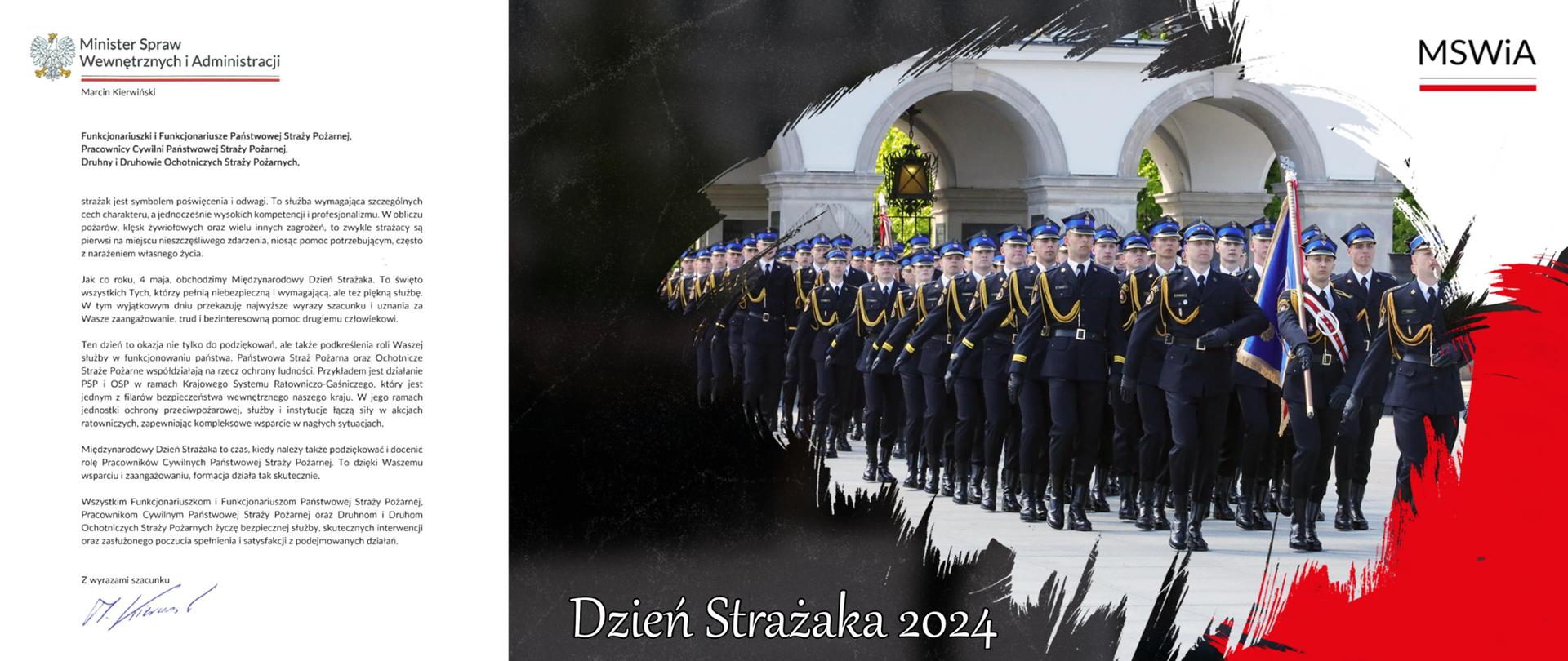Infografika - tekst i zdjęcie - pododdział strażaków w mundurach galowych maszeruje, w dali za nimi fragment Pałacu Saskiego