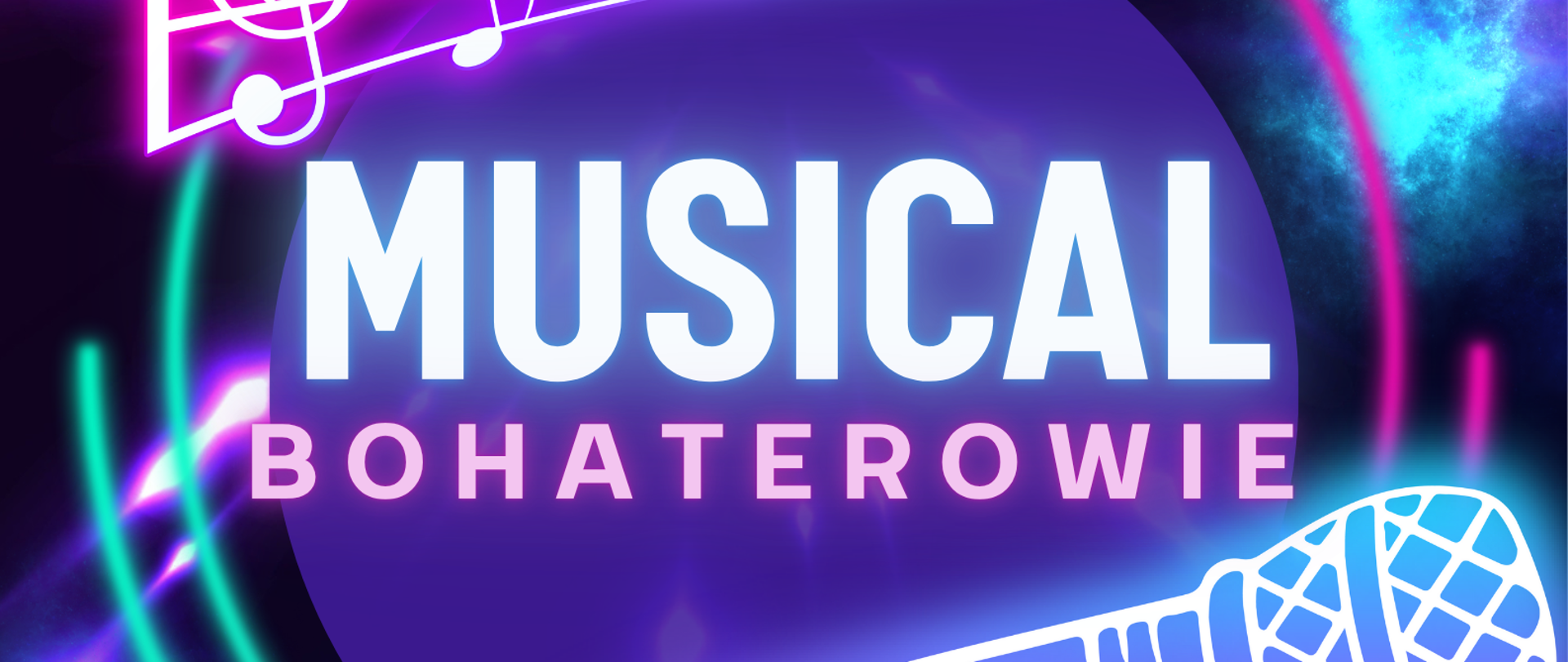 Ten plakat promuje polską premierę musicalu zatytułowanego „Musical Bohaterowie”. Opis ogólny: Plakat ma nowoczesny, dynamiczny charakter. Dominują intensywne kolory: fiolet, róż, błękit i neonowa zieleń. Tło przypomina kosmiczną mgławicę, co nadaje mu energetycznego i tajemniczego klimatu. Na środku plakatu znajduje się duży, świecący napis: „MUSICAL BOHATEROWIE”
– górny wyraz („MUSICAL”) napisany dużymi, jasnymi literami,
– dolny wyraz („BOHATEROWIE”) mniejszy, różowy, umieszczony pod spodem.
Elementy graficzne: U góry plakatu znajduje się nazwa wydarzenia: „POLSKA PREMIERA MUSICALU” – jasnoniebieski napis. Z lewej strony znajduje się kolorowy klucz wiolinowy i linia nutowa, z nutkami w neonowych kolorach (róż, niebieski, turkus). Na dole po prawej stronie widnieje duży, stylizowany mikrofon – wygląda jakby był rysowany neonem. Na górze, po lewej stronie, znajduje się logo, przypominające dwie niebieskie pionowe linie. Informacje o wydarzeniach: Na dole plakatu znajdują się szczegóły dotyczące daty i miejsc premierowego występu: 10 lipca (czwartek) 2025, godz. 17:00 Sala Koncertowa PSM w Nowym Targu; 11 lipca (piątek) 2025, godz. 17:00 Teatr Witkacego w Zakopanem. Całość plakatu ma imprezowy, muzyczny charakter, a styl graficzny sugeruje nowoczesne, energiczne widowisko.