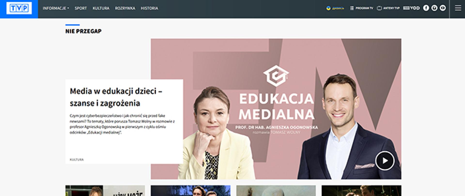 zrzut ekranu z portalu TVP. Widok strony głównej. 