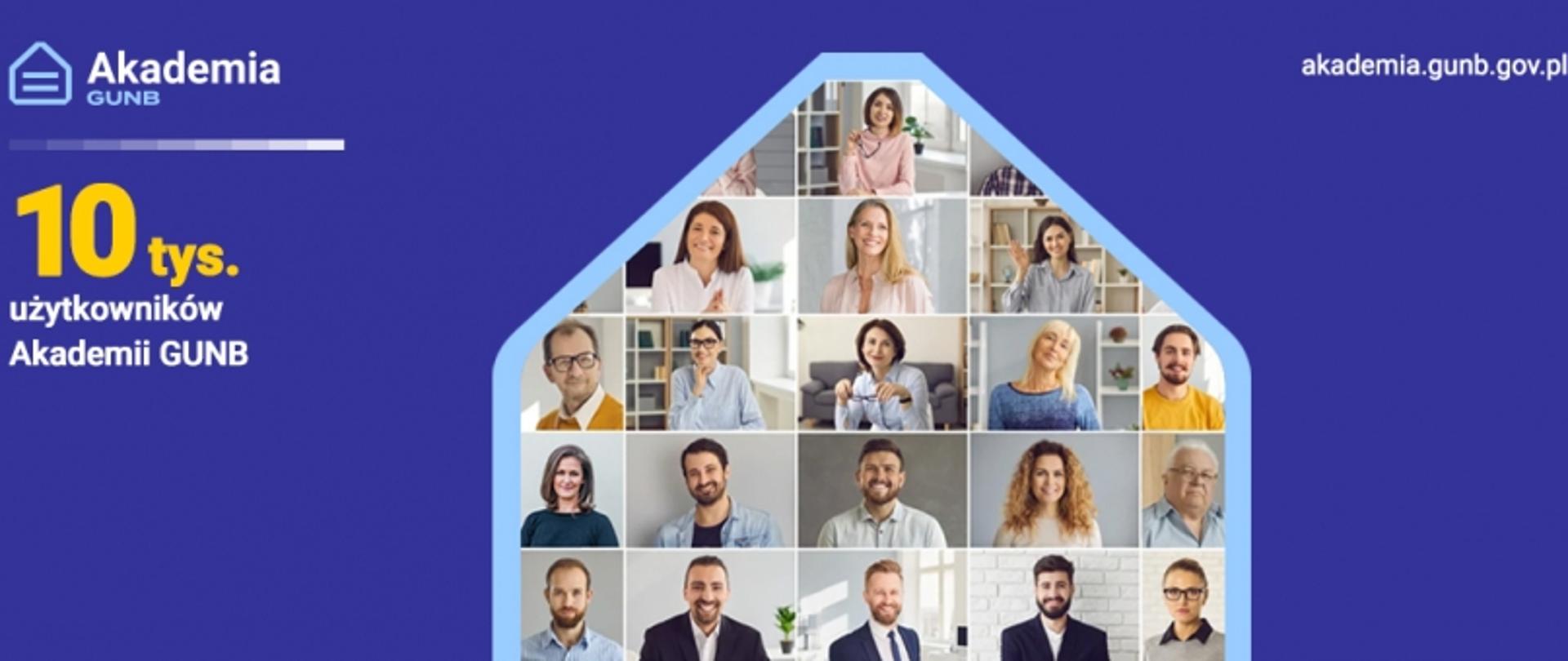 Grafika z napisem „10 tys. użytkowników Akademii GUNB” na niebieskim tle; po prawej stronie ilustracja domu z postaciami symbolizującymi użytkowników; w rogu adres „akademia.gunb.gov.pl”.