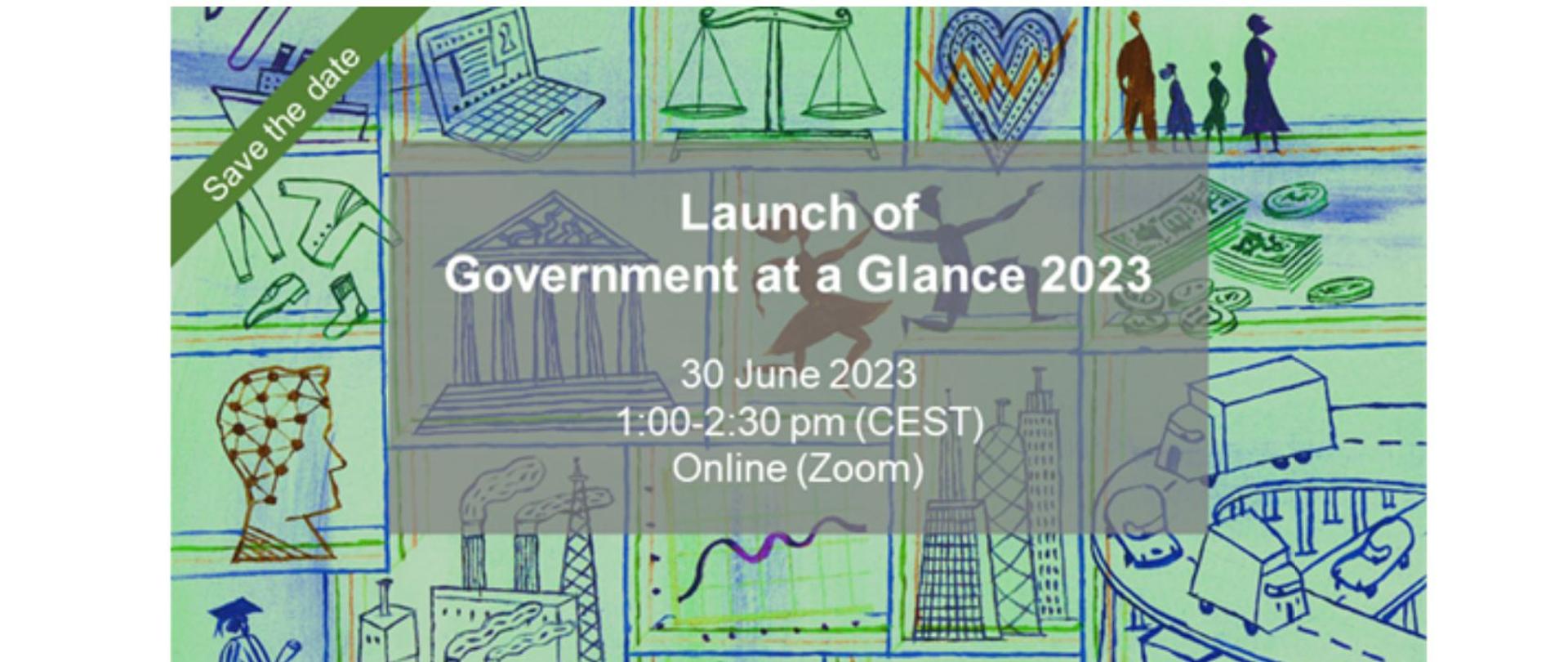 Zielony plakat z dziecięcymi obrazkami z napisem "Launch od Government at a Glance 2023"