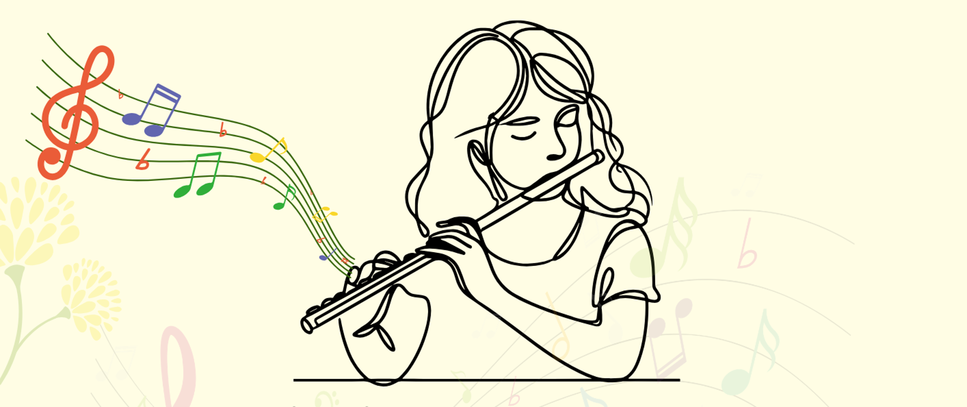 Plakat kremowe tło o tle szara ledwo widocznie pięciolinia pofałdowana z naniesionymi nutami oraz kluczem wiolinowym centralnie grafika przedstawiająca dziewczynę grającą na flecie poprzecznym z którego wychodzi pięciolinia i Kolorowe Nutki grafika rysowana piórkiem na dole plakatu z prawej z lewej strony bukiety kwiatów biało-żółtych wystające z trawy oraz wylatujący motyl i randomowo rozmieszczone Biedronki w lewym górnym rogu logo szkoły według ustalonego znaku napisy państwa szkoła muzyczna pierwszego i drugiego stopnia imienia Witolda Lutosławskiego w Nysie zaprasza na koncert sekcji instrumentów dętych perkusji akordeonu i śpiewu 14 kwietnia 2026 godzina 16:20 sala koncertowa im Jerzego Kozarzewskiego
