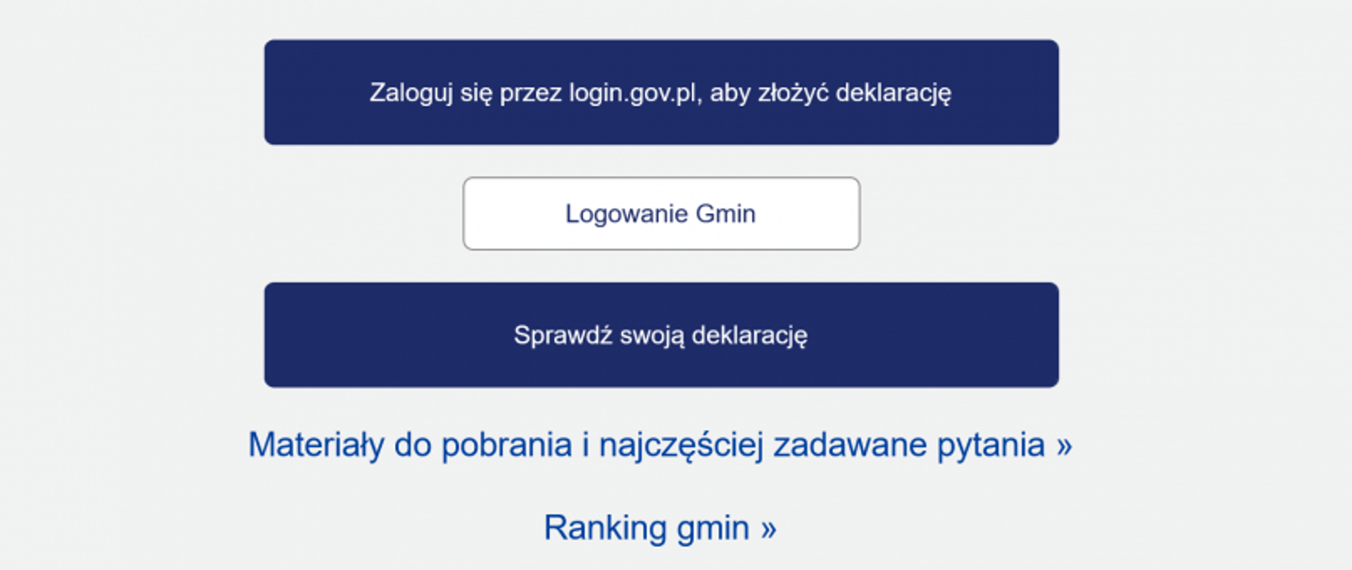 Strona internetowa z opcjami logowania, sprawdzania deklaracji i dostępem do materiałów oraz rankingu gmin.