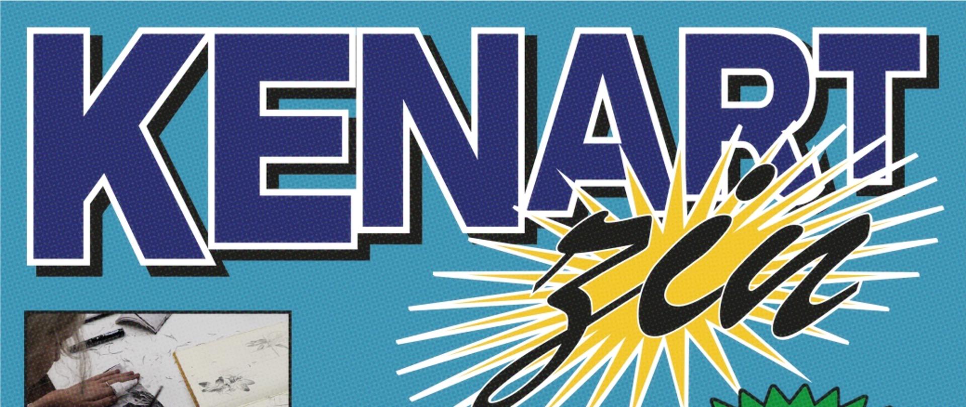 Grafika przedstawia kadr strony tytułowej szkolnego czasopisma KenArtzin. Napis KenArt jest napisany dużymi literami w kolorze niebieskim, obrys liter jest biały. Litery zin napisany jest w prawym dolnym rogu w kolorze czarnym. W tle liter zin znajduje się żółta gwiazda sprawiająca wrażenie rozświetlenia tej części napisu. Po lewej stronie na dole znajduje się zdjęcie uczennicy rysującej w swoim szkicowniku 