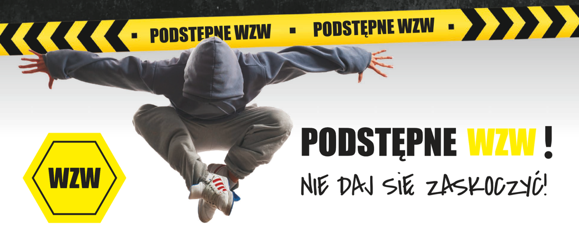 Na zdjęciu widoczny jest człowiek w kapturze oraz nazwa programu: "Podstępne WZW"