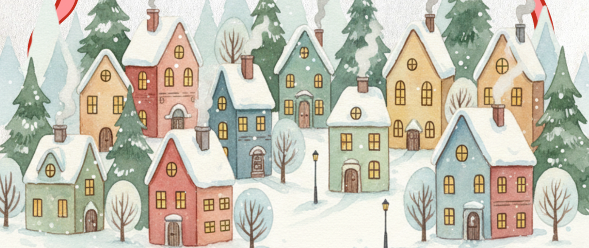 Plakat z życzeniami świątecznymi od Rady Rodziców. Tło plakatu stanowi grafika z motywem świątecznym. W dolnej części plakatu znajdują się kolorowe domki na ośnieżonej górce.