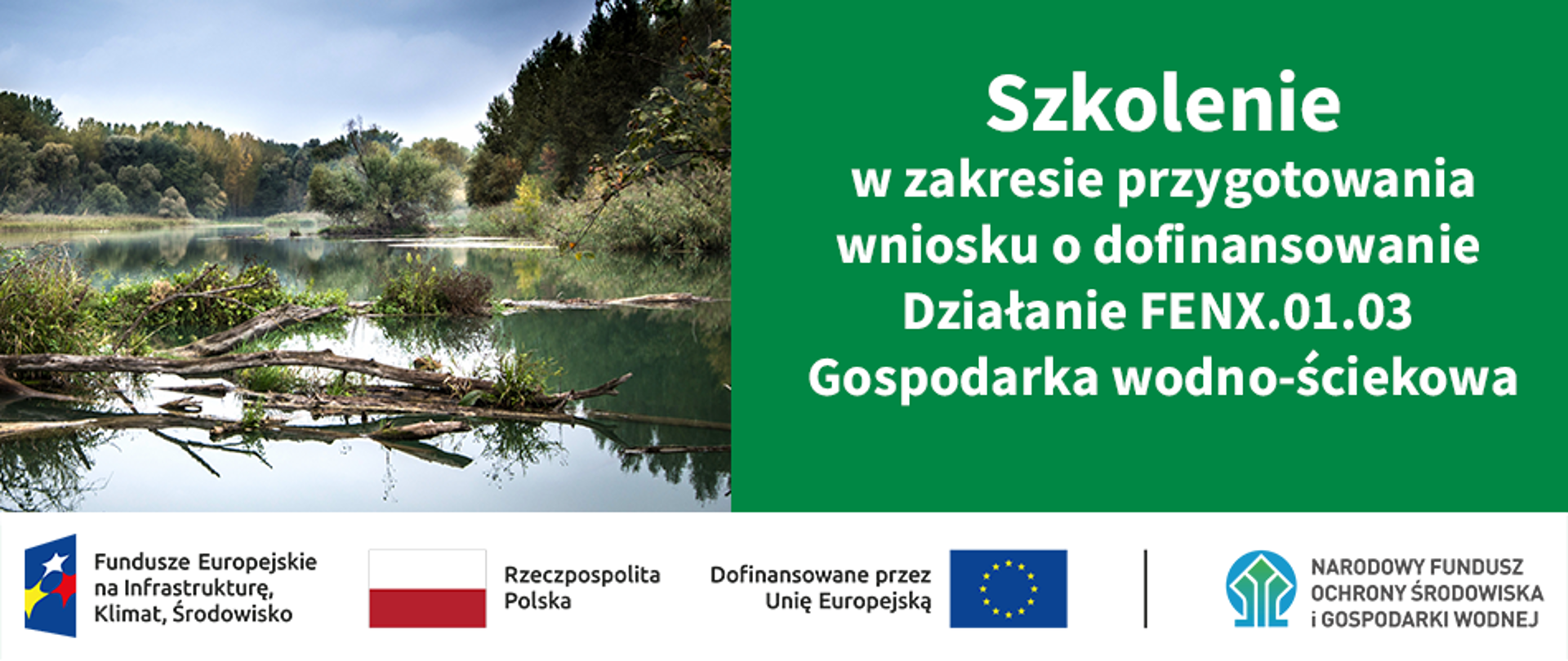 Plansza informująca o szkoleniu online dla wnioskodawców w zakresie przygotowania wniosku o dofinansowanie Działanie FENX.01.03 Gospodarka wodno‐ściekowa