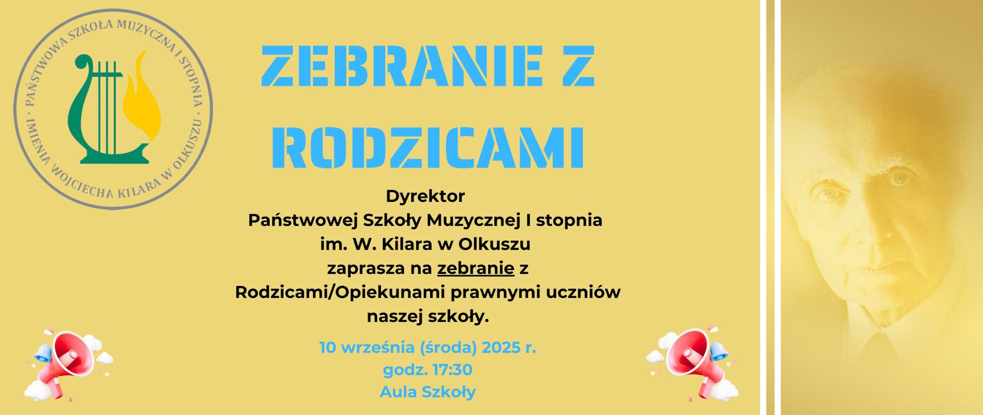 żółte tło, niebieskie i czarne napisy, logo szkoły po lewej, po prawej wizerunek W.Kilara