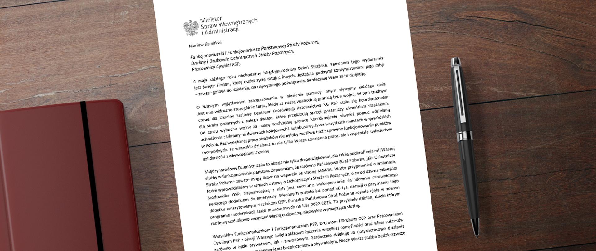 List Ministra Mariusza Kamińskiego z okazji Dnia Strażaka