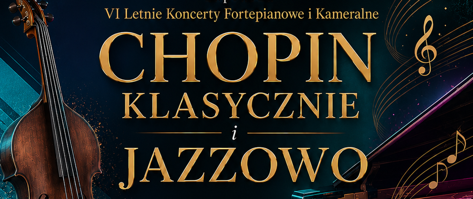 Plakat w pionie, w ciemnej kolorystyce informujący o koncercie pn. Chopin klasycznie i jazzowo. Koncert w ramach VI Letnich Koncertów Fortepianowych i Kameralnych na sali koncertowej PSM. Wydarzenie 09.07.2026 o godzinie 18.00. Koncert w wykonaniu Trio Jazzowego Filipa Wojciechowskiego oraz Prima Vista String Quarter. Wszystkie informacje dot. wydarzenia umieszczone pośrodku plakatu. Z lewej strony grafika wiolonczeli i perkusji, natomiast z prawej strony fortepianu oraz skrzypiec i altówki. Przy instrumentach delikatne poświaty kolorów. 