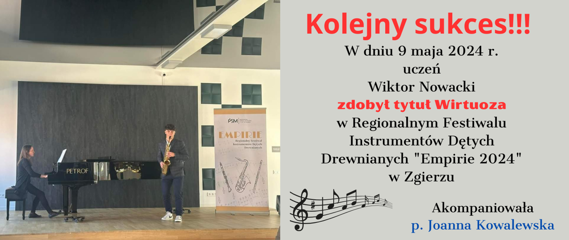Zdjęcie ucznia grającego na saksofonie na Konkursie "EMPIRIE 2024". Na fortepianie towarzyszy nauczyciel akompaniator.