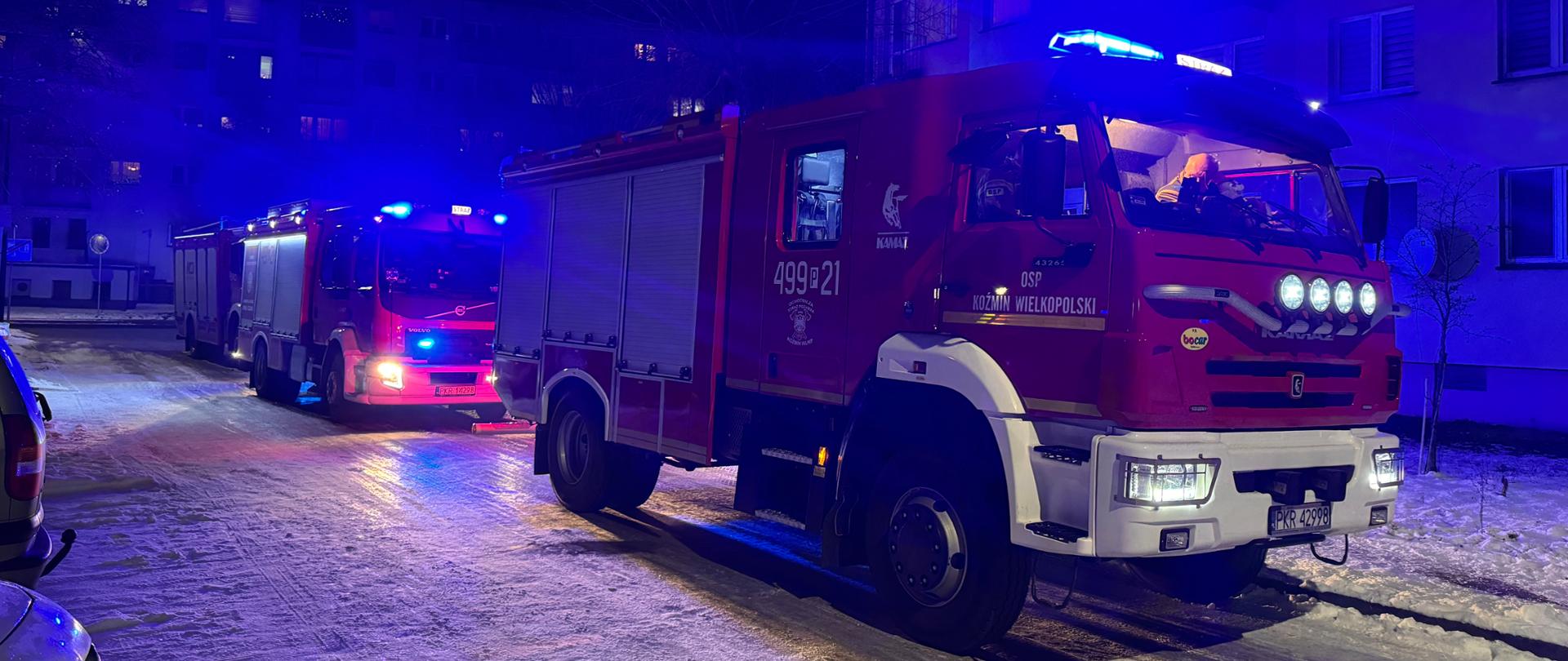 Zdjęcie ukazuje czerwone samochody pożarnicze na ośnieżonej drodze na tle budynku objętego działaniami.