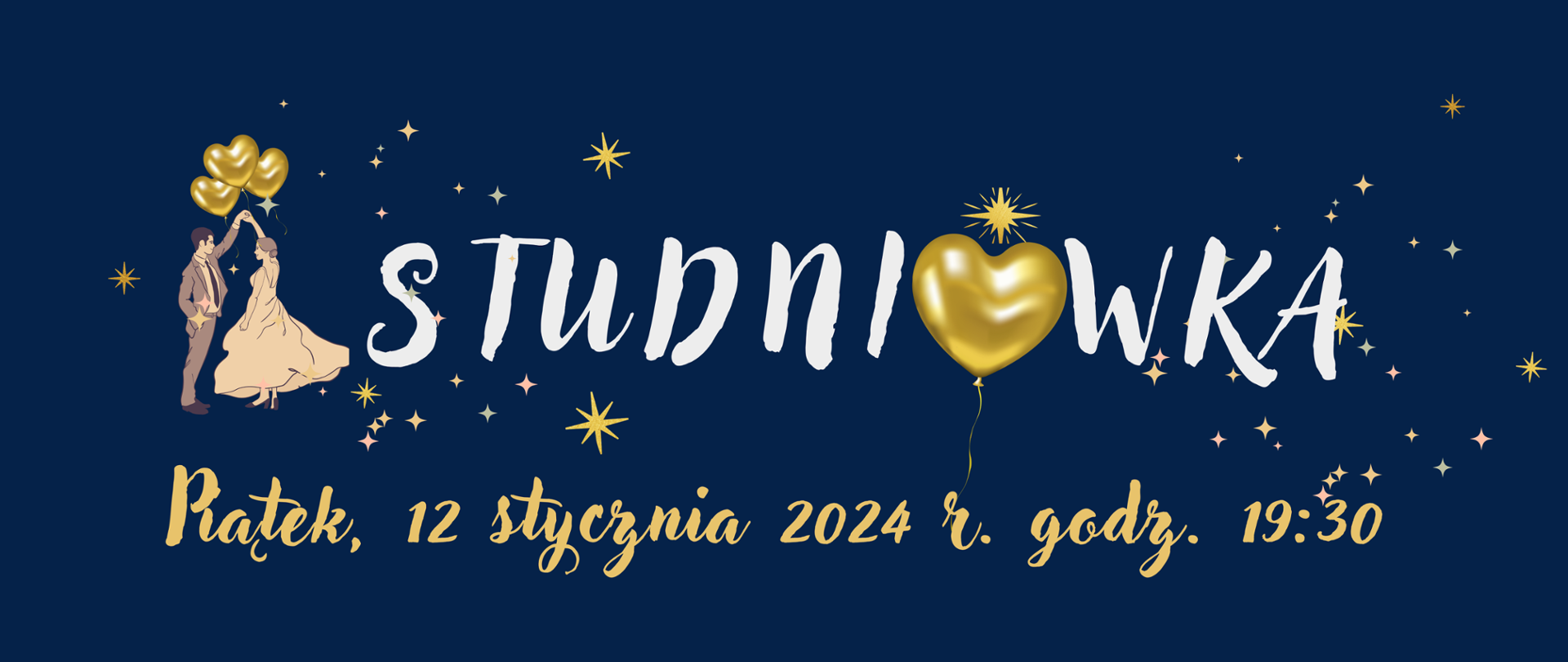 Baner na studniówkę w dniu 12 I 2024 r. o godz. 19.30, granatowe tło, grafika z parą tancerzy, baloniki gwiazdki jako dodatkowe elementy. 