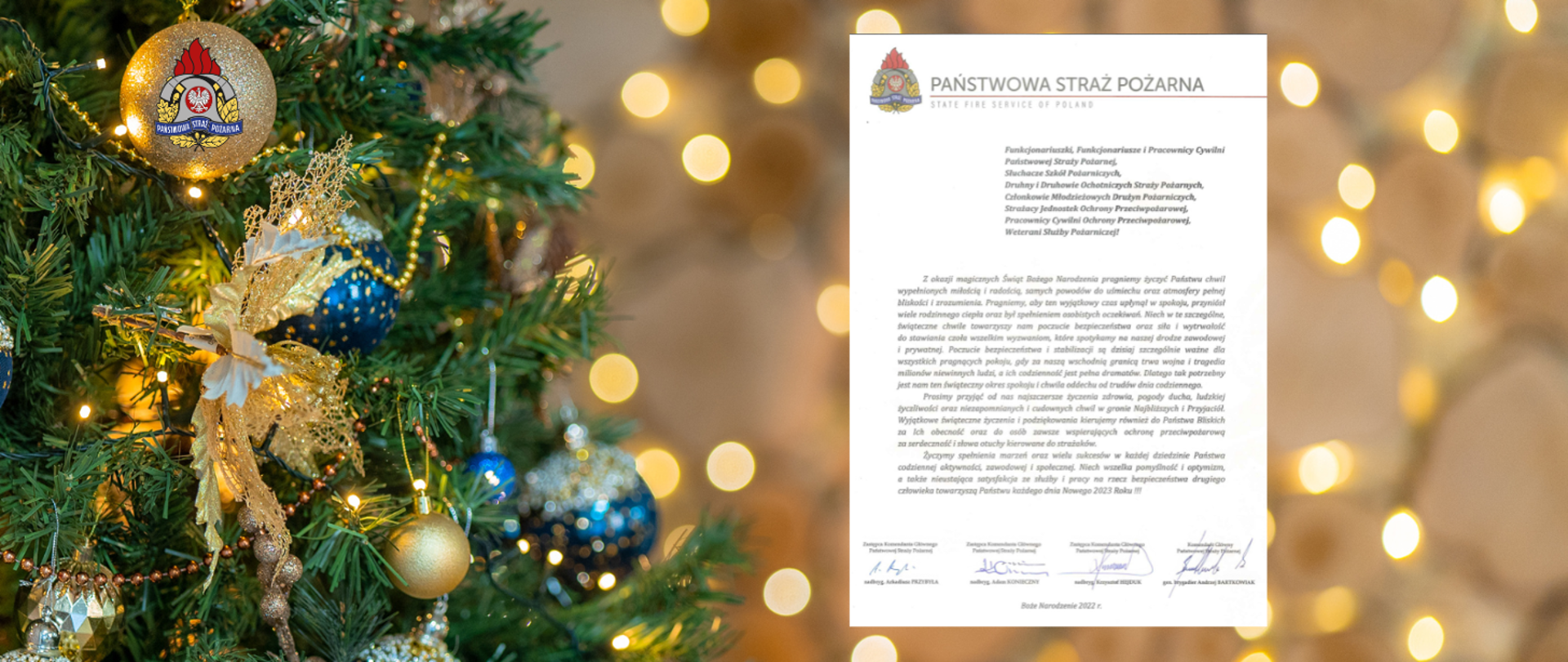 Zdjęcie poglądowe - świąteczna choinka, w tle lampki świąteczne, na jednej z bombek logo Państwowej Straży Pożarnej. Po lewej stronie choinki grafika życzeń świąteczno - noworocznych kierownictwa Państwowej Straży Pożarnej