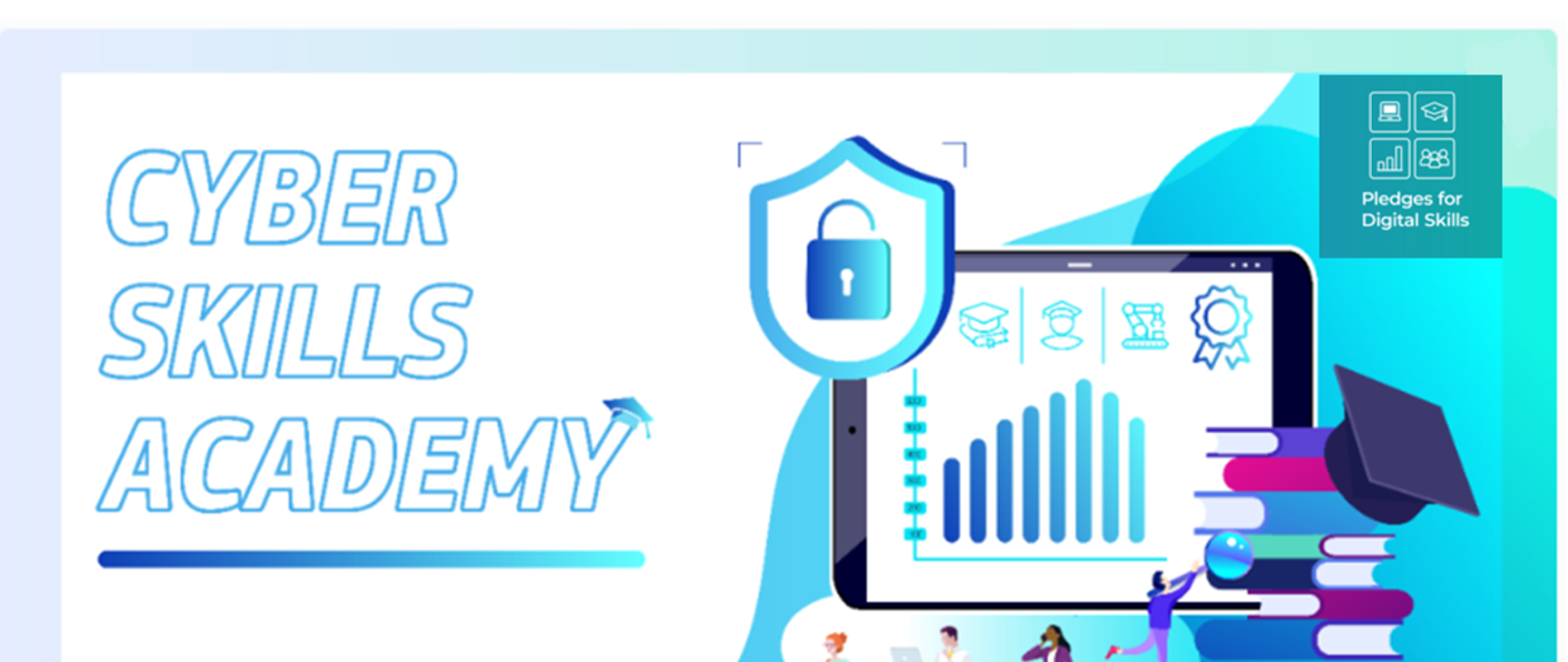 Grafika wektorowa - po prawej stronie tablet, książki, czapka absolwenta. Po lewej napis Cyber Skills Academy