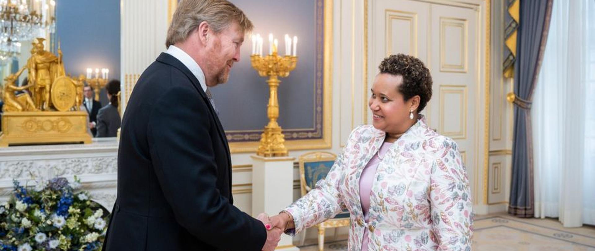 Ambassador of the Republic of Poland to the Kingdom of the Netherlands, Margareta Kassangana presents the Letters of Credentials to King Willem-Alexander