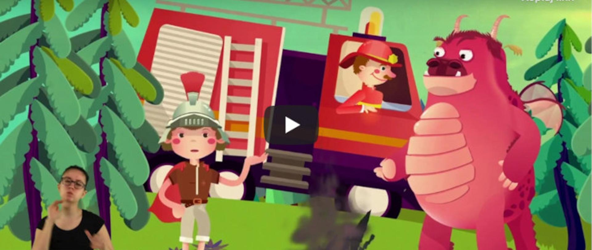 rysunek na którym smok i rycerz rozmawiają na temat pożarów lasów 