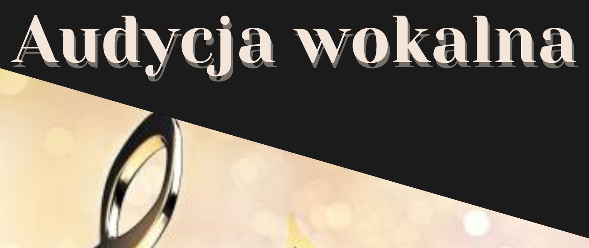 w centralnej części na złotej pięciolinii złoty klucz wiolinowy i nuty, poniżej szczegółowe informacje związane z audycją, całość na czarnym tle