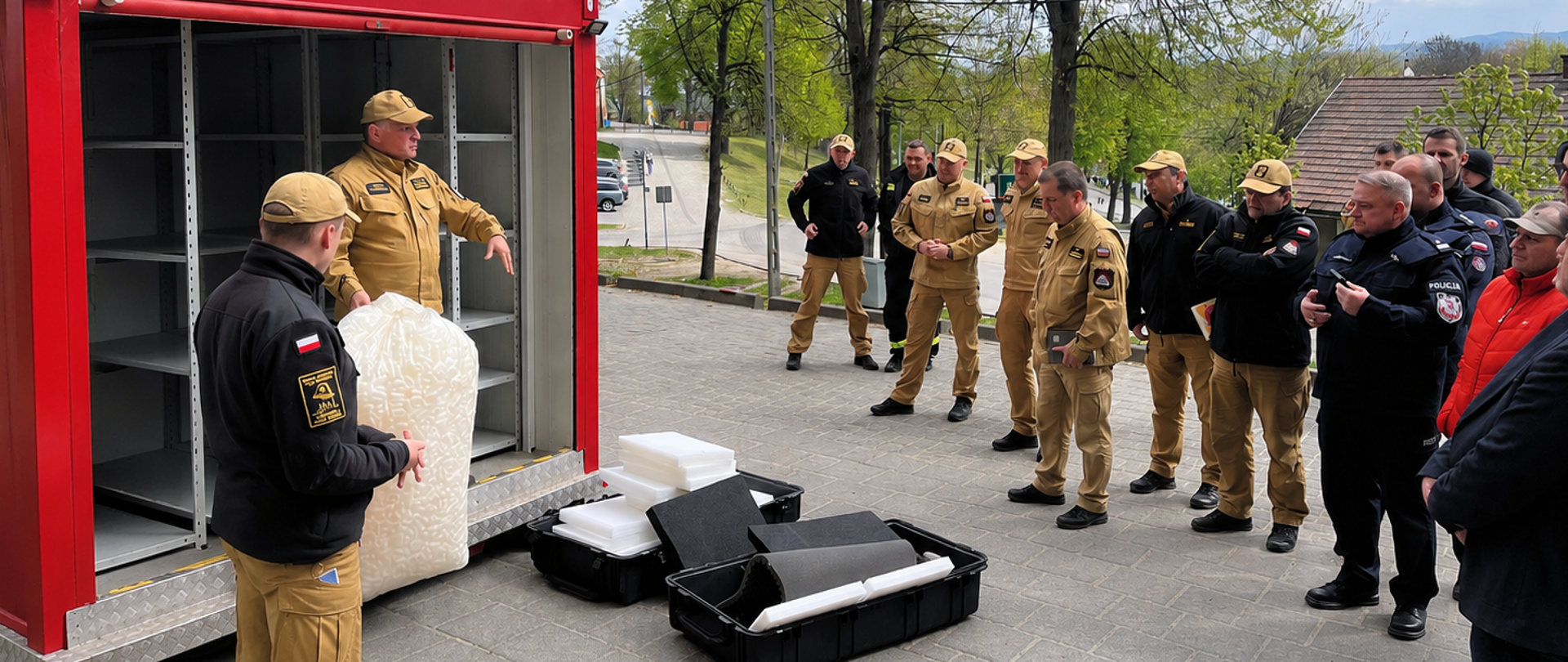 Na dziedzińcu przed budynkiem klasztornym odbywa się prezentacja sprzętu wykorzystywanego do ewakuacji dóbr kultury. Po lewej stronie stoi czerwony kontener transportowy z otwartymi drzwiami. Wewnątrz znajduje się umundurowany strażak, który gestem ręki omawia wyposażenie i sposób działania kontenera. Przed nim ustawiono czarne skrzynie transportowe oraz elementy zabezpieczające wykonane z jasnej pianki.
Wokół kontenera zgromadzona jest grupa kilkunastu osób – głównie strażaków Państwowej Straży Pożarnej w jasnobrązowych mundurach oraz kilku policjantów w granatowych mundurach. Uczestnicy stoją w półkolu i obserwują prezentację. W tle widoczne są wysokie drzewa, droga oraz zabudowania miasta. Zdjęcie wykonano w ciągu dnia przy częściowym zachmurzeniu.
