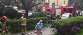 Na zdjęciu widać teren przed blokiem w którym miał miejsce pożar,w tle samochód straży pożarnej.