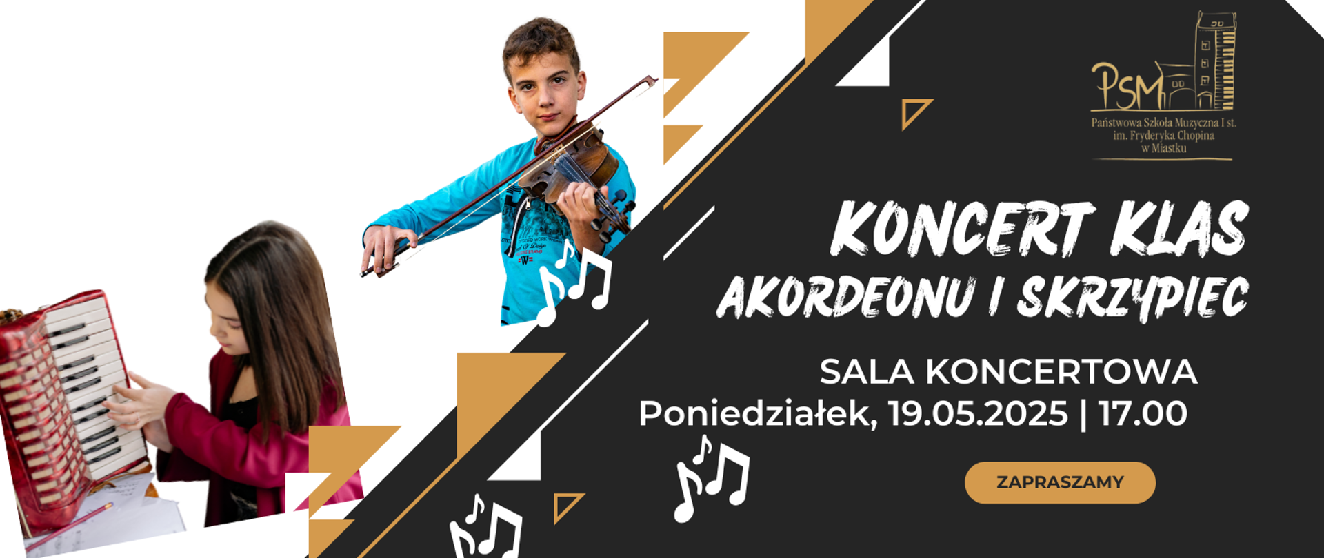 Grafika informująca o koncercie uczniów klas akordeonu i skrzypiec 19 maja 2025 roku o godz. 17:00 w sali koncertowej naszej szkoły.