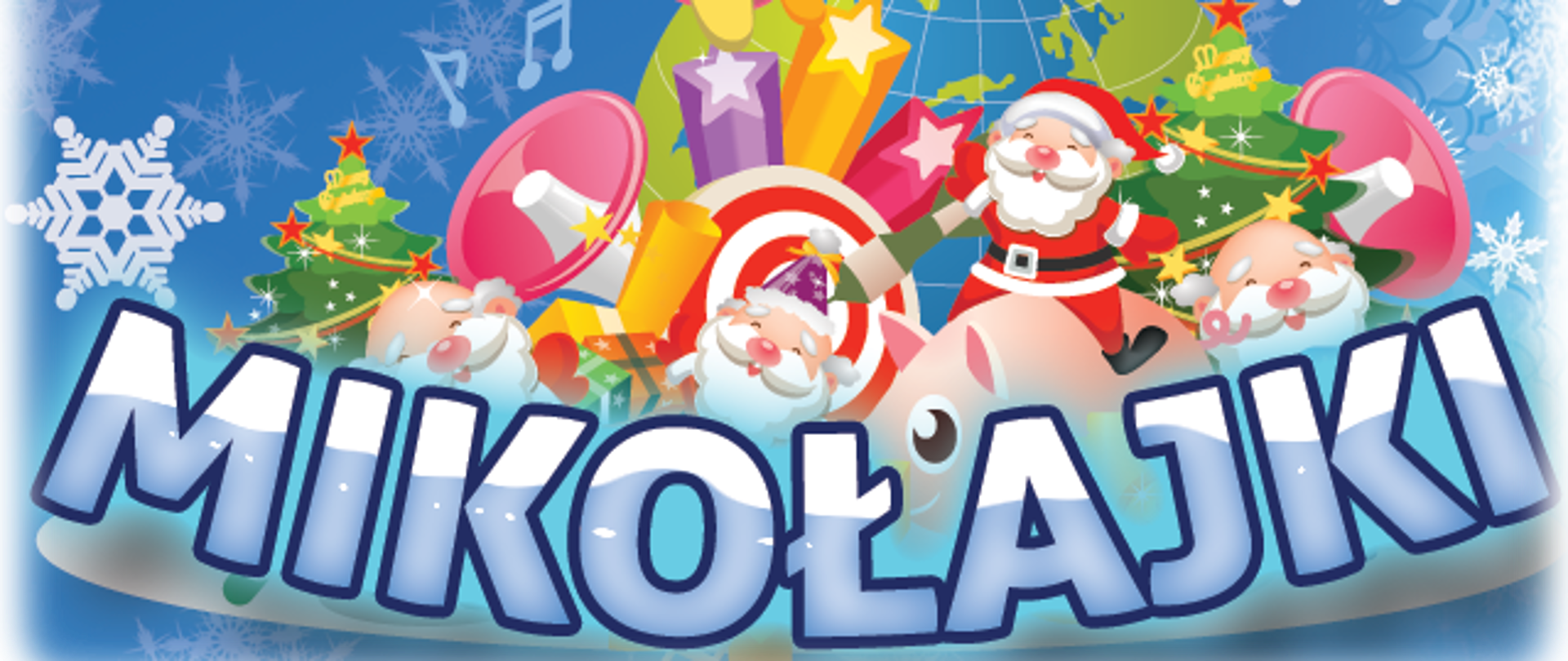 Grafika o niebieskim tle. Na pierwszym planie duży napis "Mikołajki" Nad napisem kolorowe mikołaje, gwiazdki, choinki. Na niebieskim tle białe gwiazki 