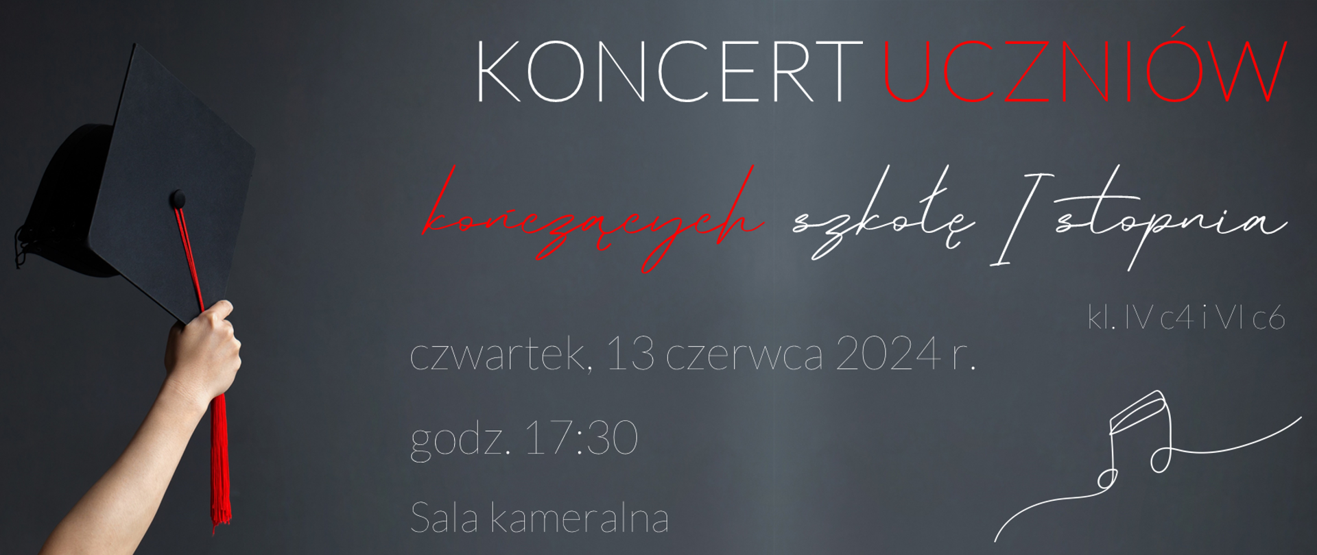 Plakat na szary, tle z białymi napisami. Po lewej dłoń trzymająca czapkę studencką.