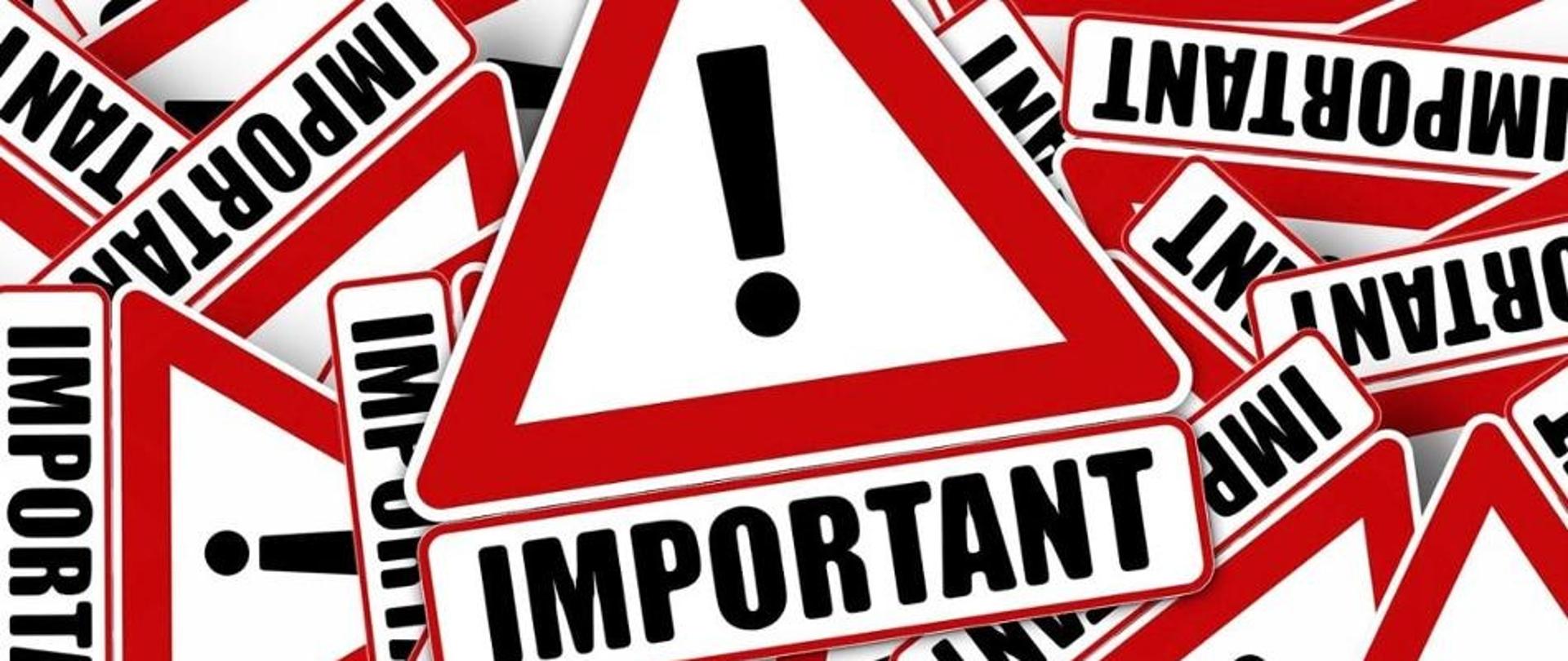 baner przedstawiający wiele losowo rozrzuconych białych trójkątnych znaków z czerwonym obramowaniem i czarnym wykrzyknikiem na środku o raz napisem: "IMPORTANT" pod spodem