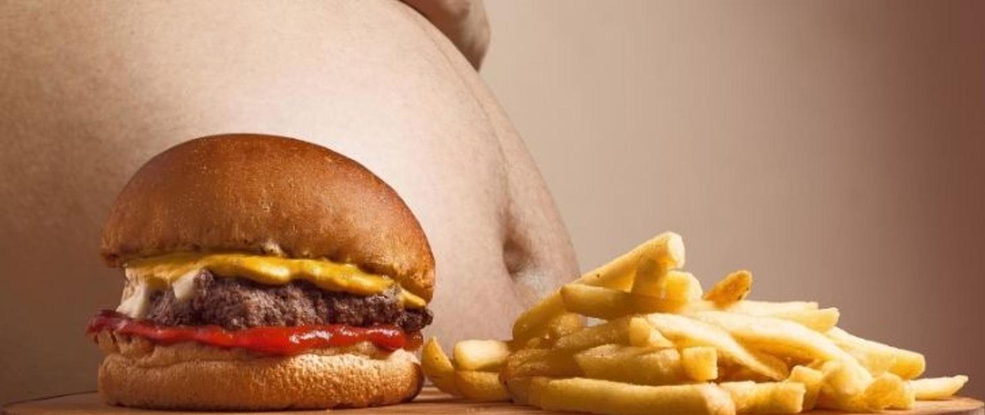 Na pierwszym planie - hamburger i frytki. Na drugim planie brzuch otyłej osoby. 